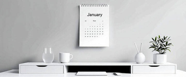 Ein schwarz-weiß Foto eines Schreibtisches. Auf dem Schreibtisch steht ein Becher und ein Glas Wasser. An der Wand darüber hängt ein Kalender mit dem Kalenderblatt vom Januar.