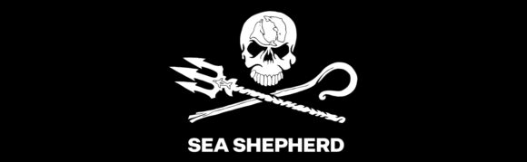 Eine weiße Zeichnung vor schwarzem Hintegrund: Ein Totenschädel, darunter gekreuzt ein Dreizack und ein Hirtenstab. Auf der Stirn des Totenschädels eine Zeichnung eines Delphins und eines Wals