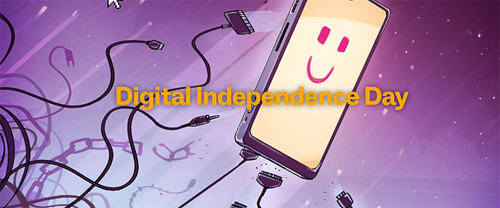 Eine Zeichnung eines Smartphones mit einem Lächeln und viele Ladekabel vor einem lila Hintergrund. Davor der Schriftzug Digital Independance Day.